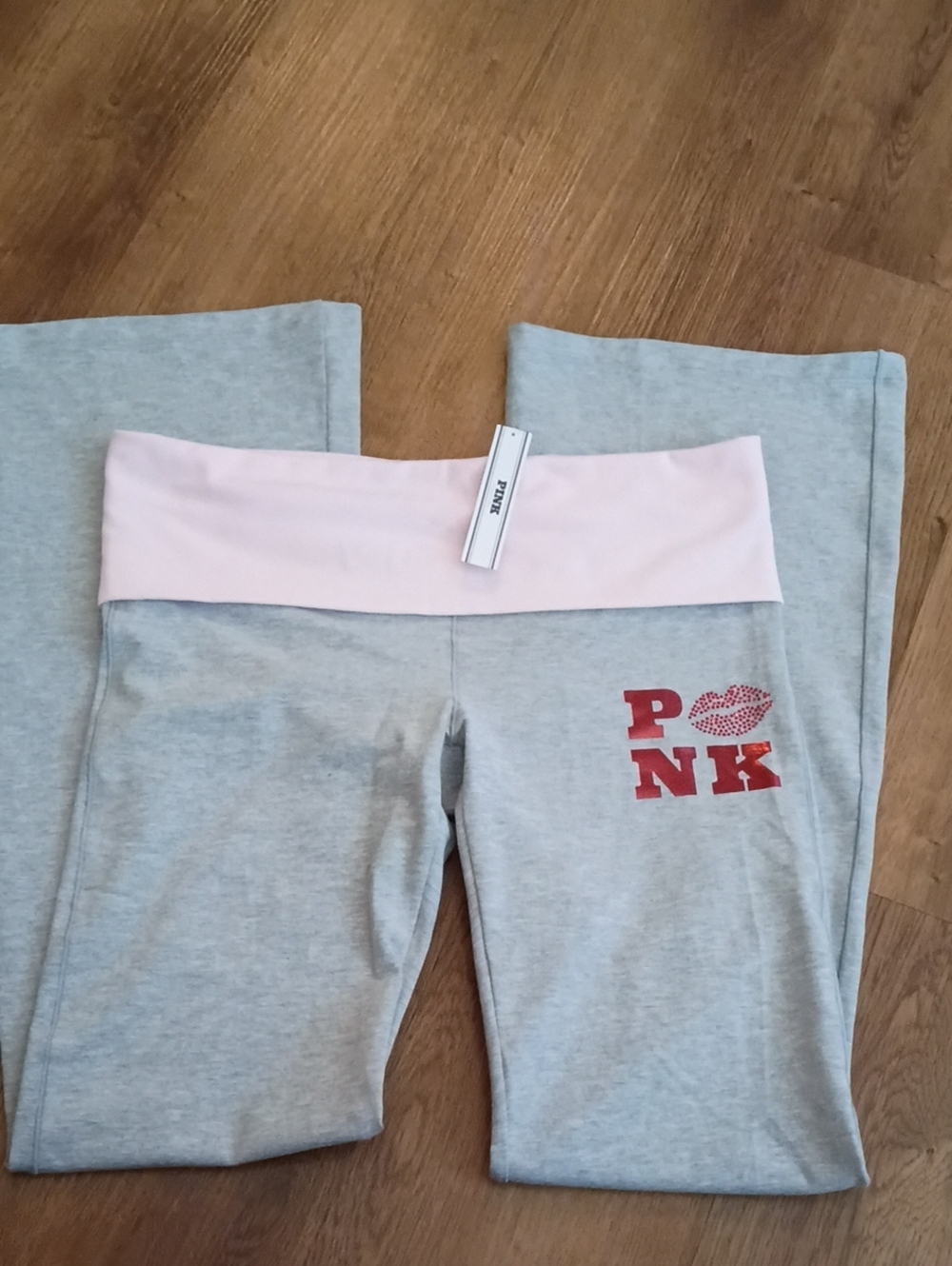 Victoria's Secret PINK Gray Leggings with Light Pink Waistband and Red Logo